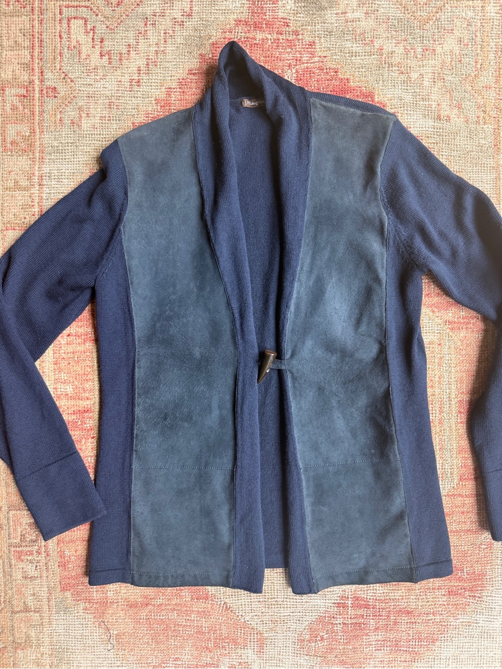 Classic J McLaughlin  Open-Front Navy Cardigan Suede Panels horn closure lux
